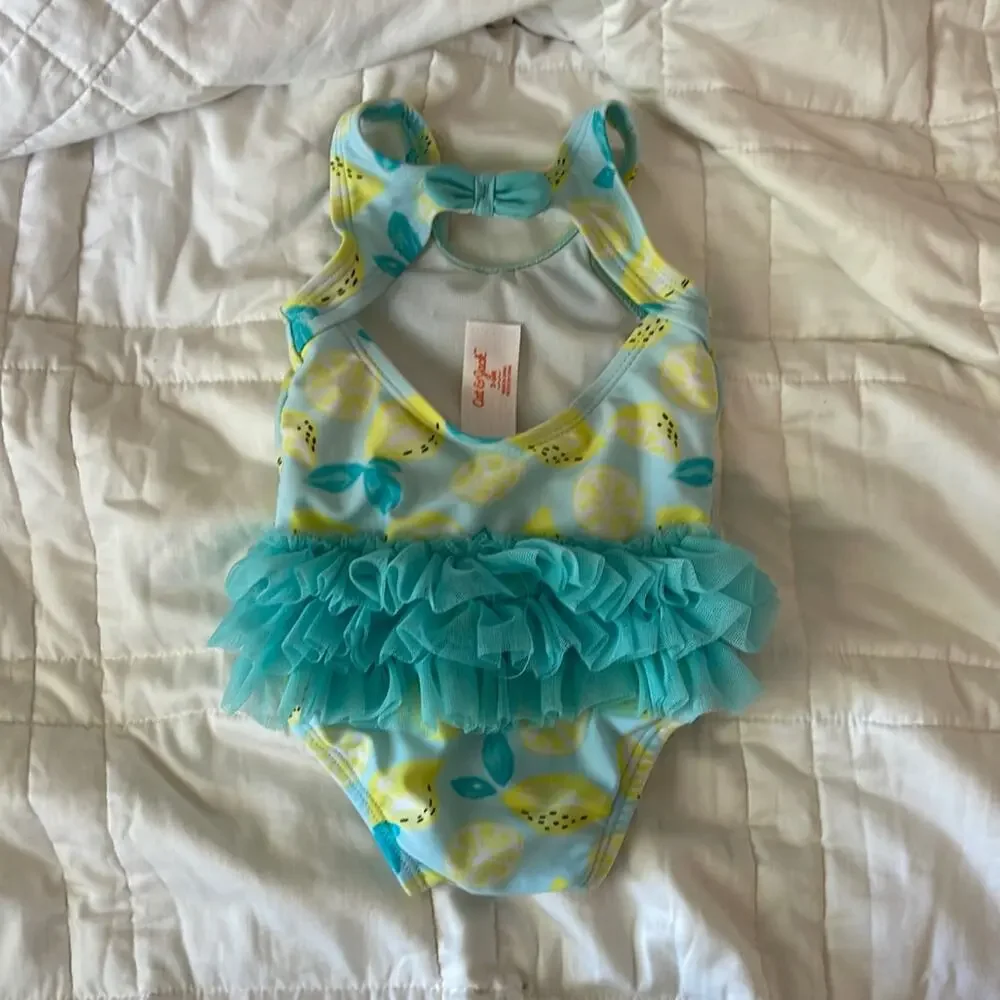 Cat & Jack 3-6 months baby girl one piece‎ swimsuit Lemons tutu bow blue yellow